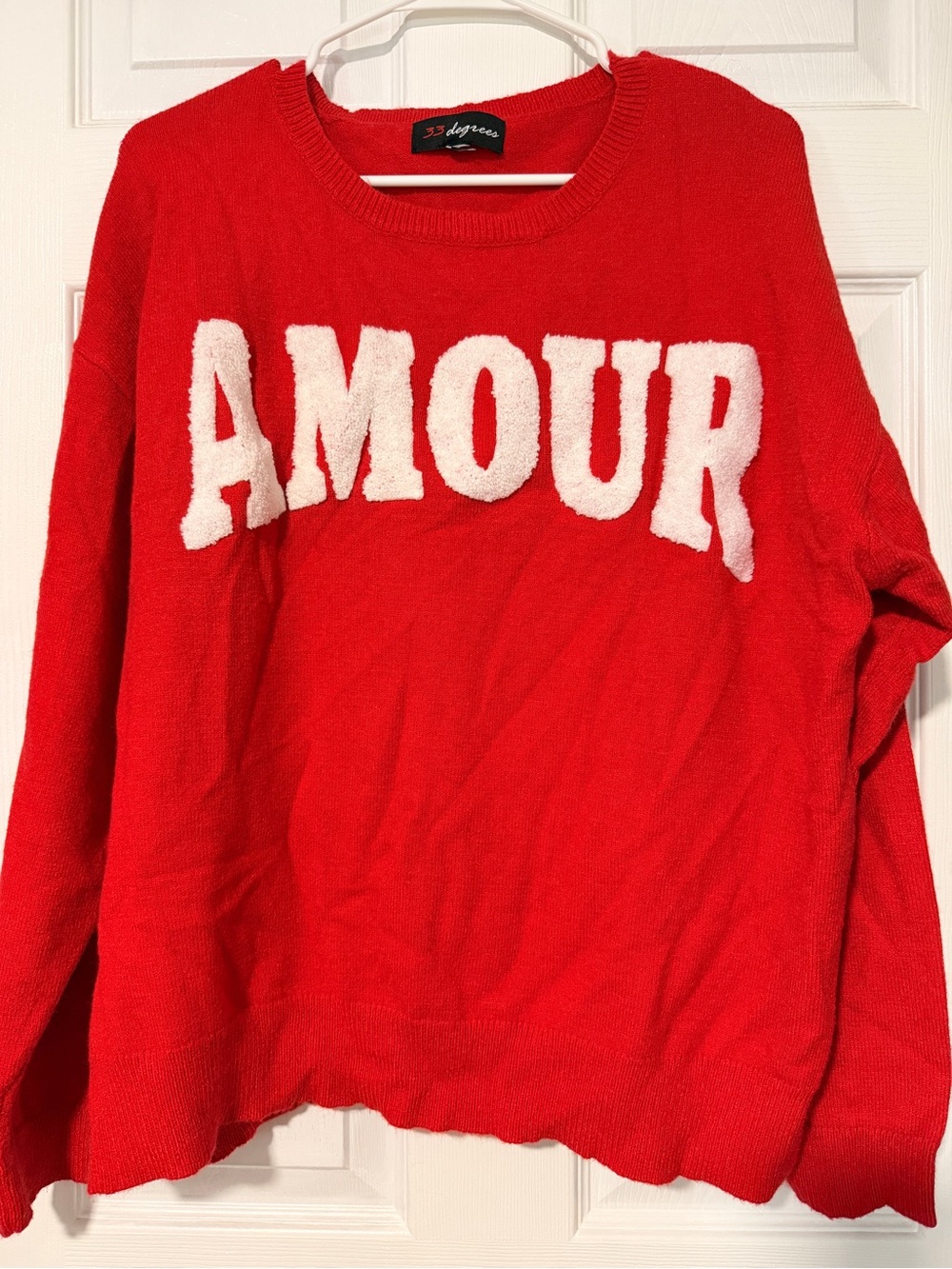 32 Degrees Red Crewneck Sweater with White AMOUR Lettering